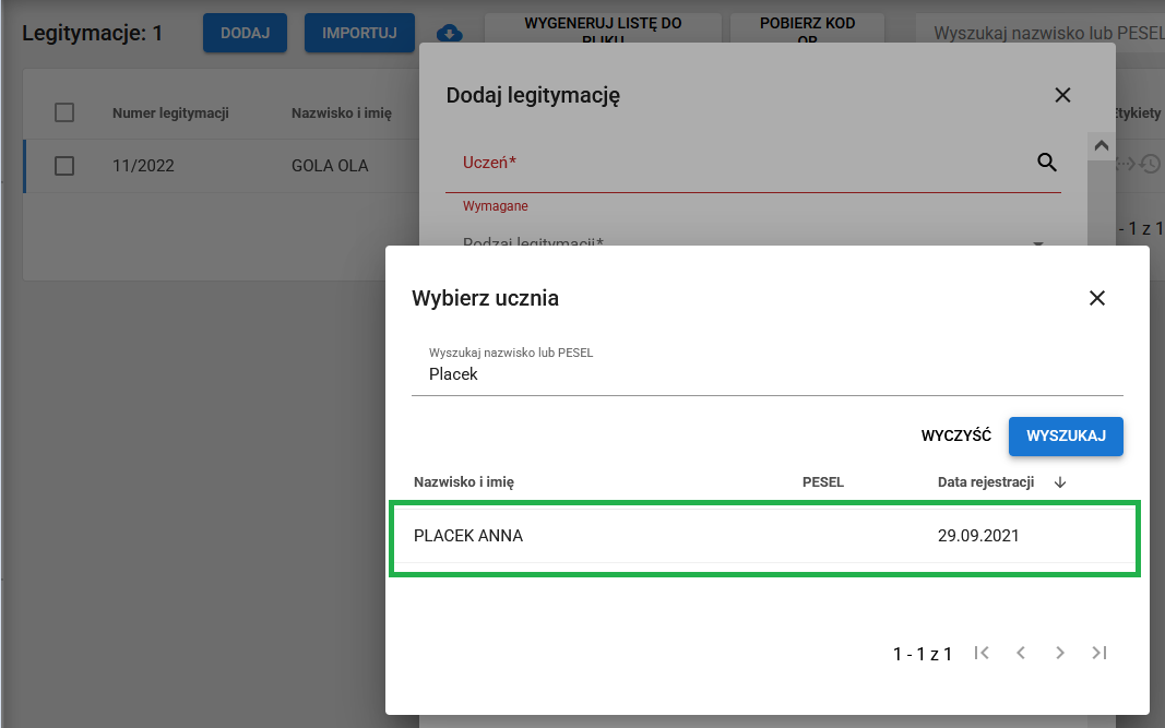 zaznaczony wpis wyszukanego ucznia 
