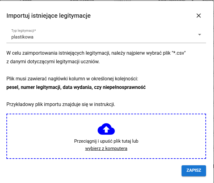 okno informujące o dokonywanym imporcie dla legitymacji plastikowej