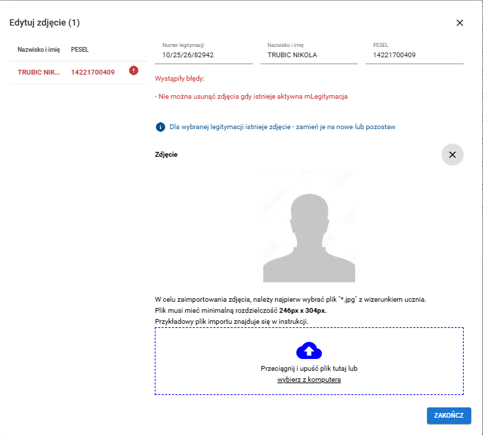 okno z widokiem na brak możliwości dodania zdjęcia przy aktywnej legitymacji