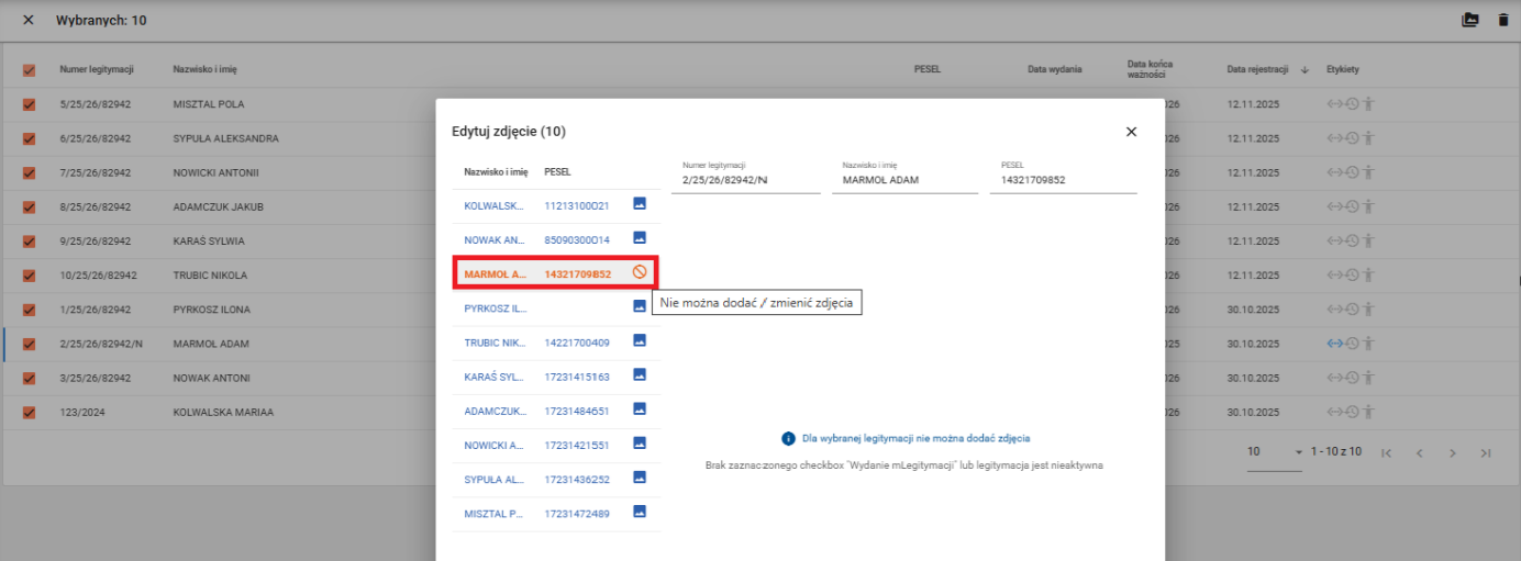 okno z widokiem na dane identyfikacyjne dla którego nie można dołączyć zdjęcia
