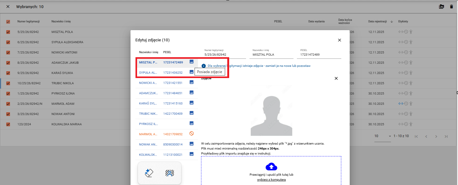 okno z widokiem na dane identyfikacyjne dla których można zmienić zdjęcie