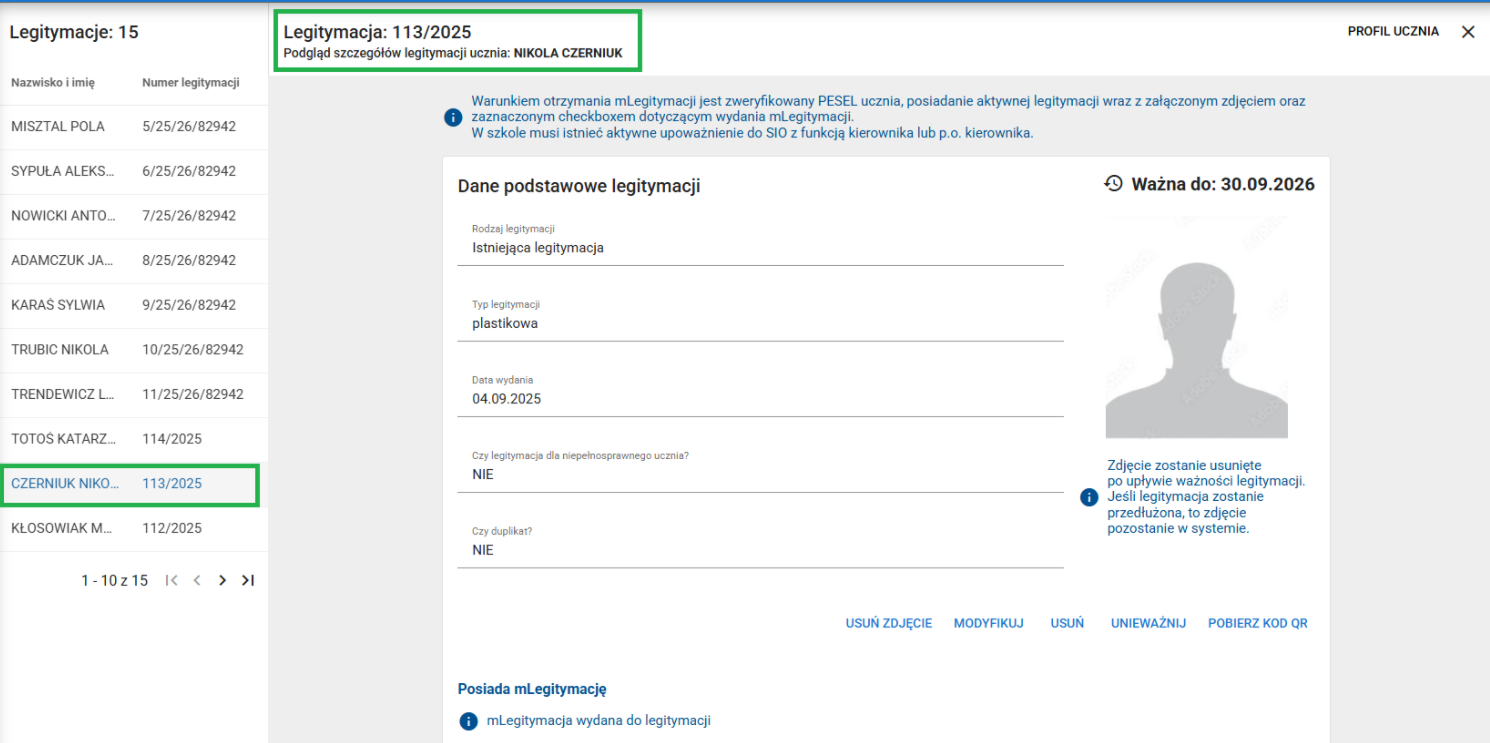 Okno z widokiem na dodane zdjęcie do legitymacji ucznia