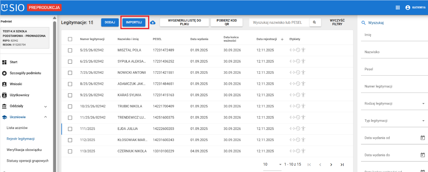 okno z widokiem na listę uczniów i zaznaczony przycisk Importuj
