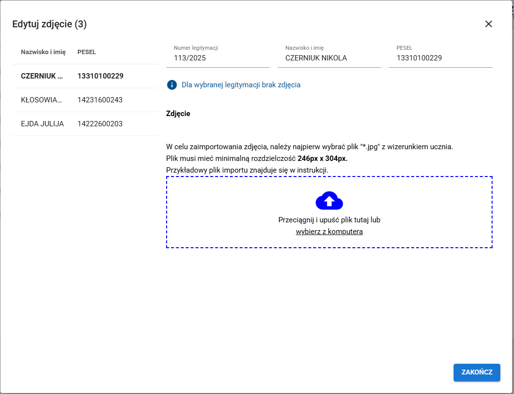okno z widokiem na wybór zdjęcia dla wskazanego ucznia z listy