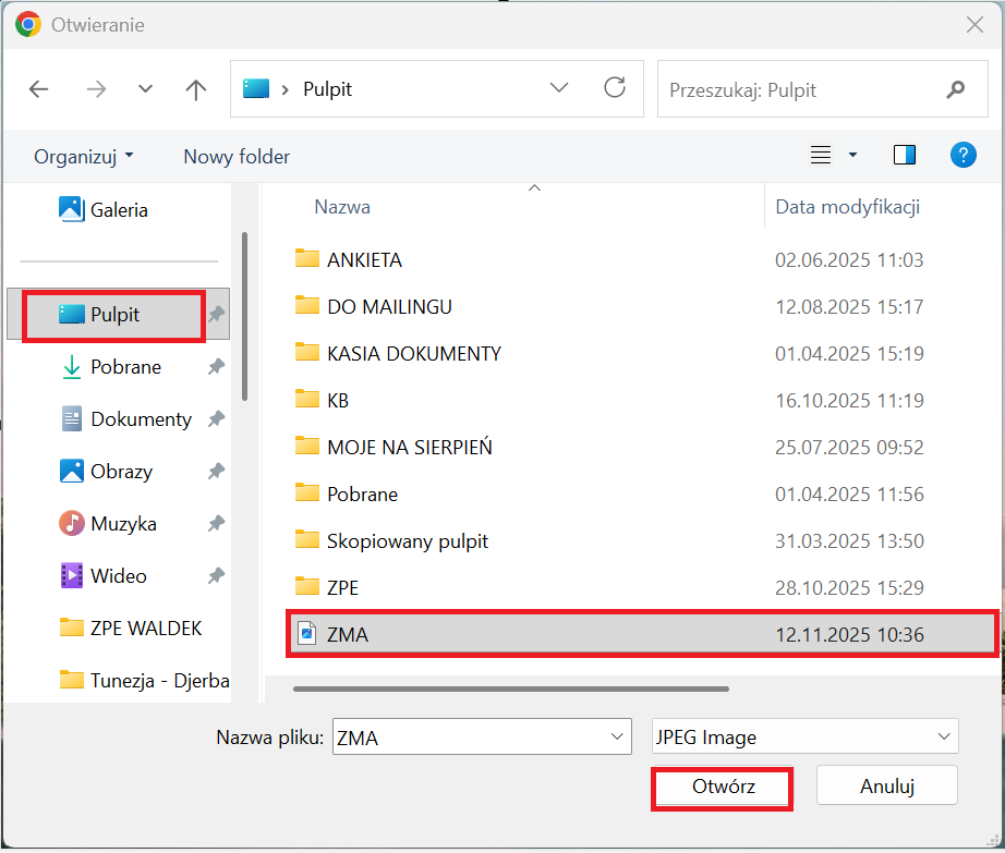 okno z widokiem na wybór zdjęcia z pliku na pulpicie komputera