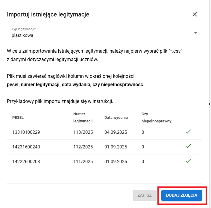 okno z widokiem na zaimportowane legitymacje dla których można będzie dołączyć zdjęcie