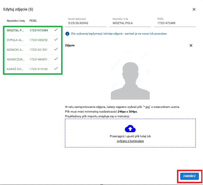 okno z widokiem na zaimportowane zdjęcia pozostałych uczniów