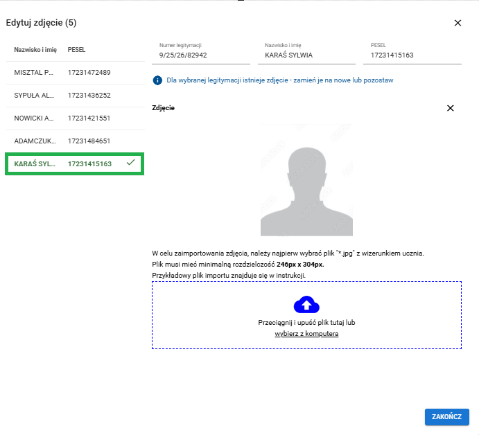 okno z widokiem na zapisane zdjęcie ucznia do legitymacji