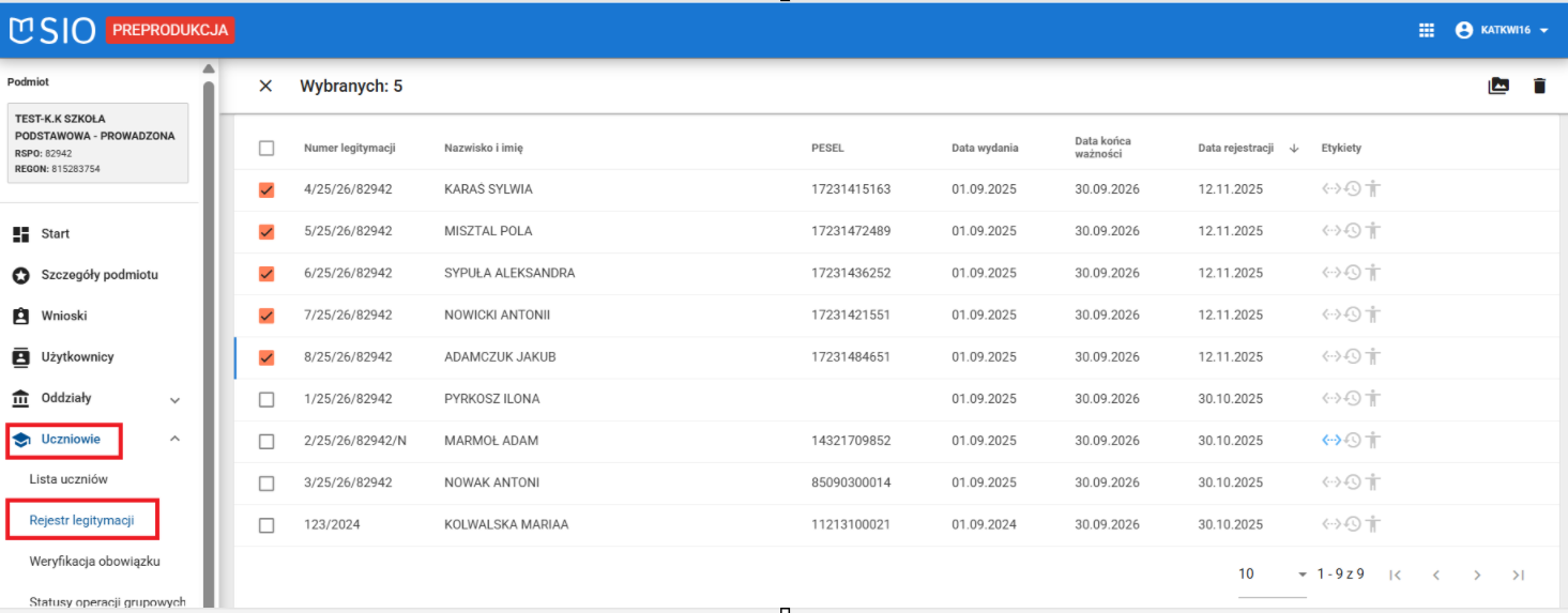 Okno z widokiem na zaznaczanych uczniów