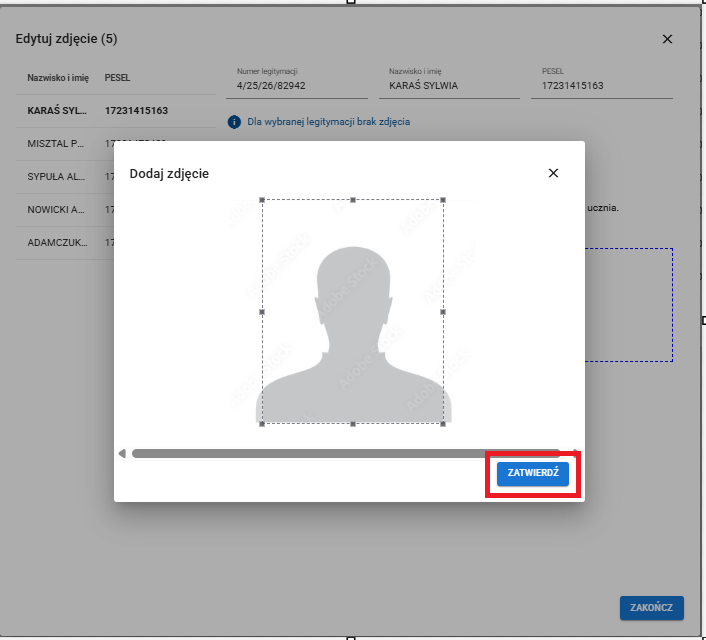 widok na wybrane zdjęcie ucznia